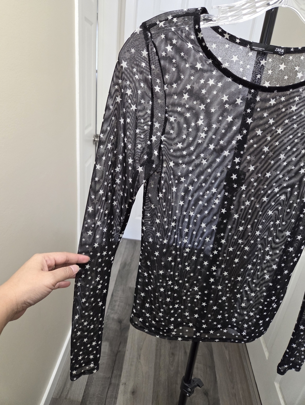 ZARA Black Sheer Star Print Mesh Top Long Sleeve Y2K Grunge Fairy Goth Layering - Picture 4 of 7